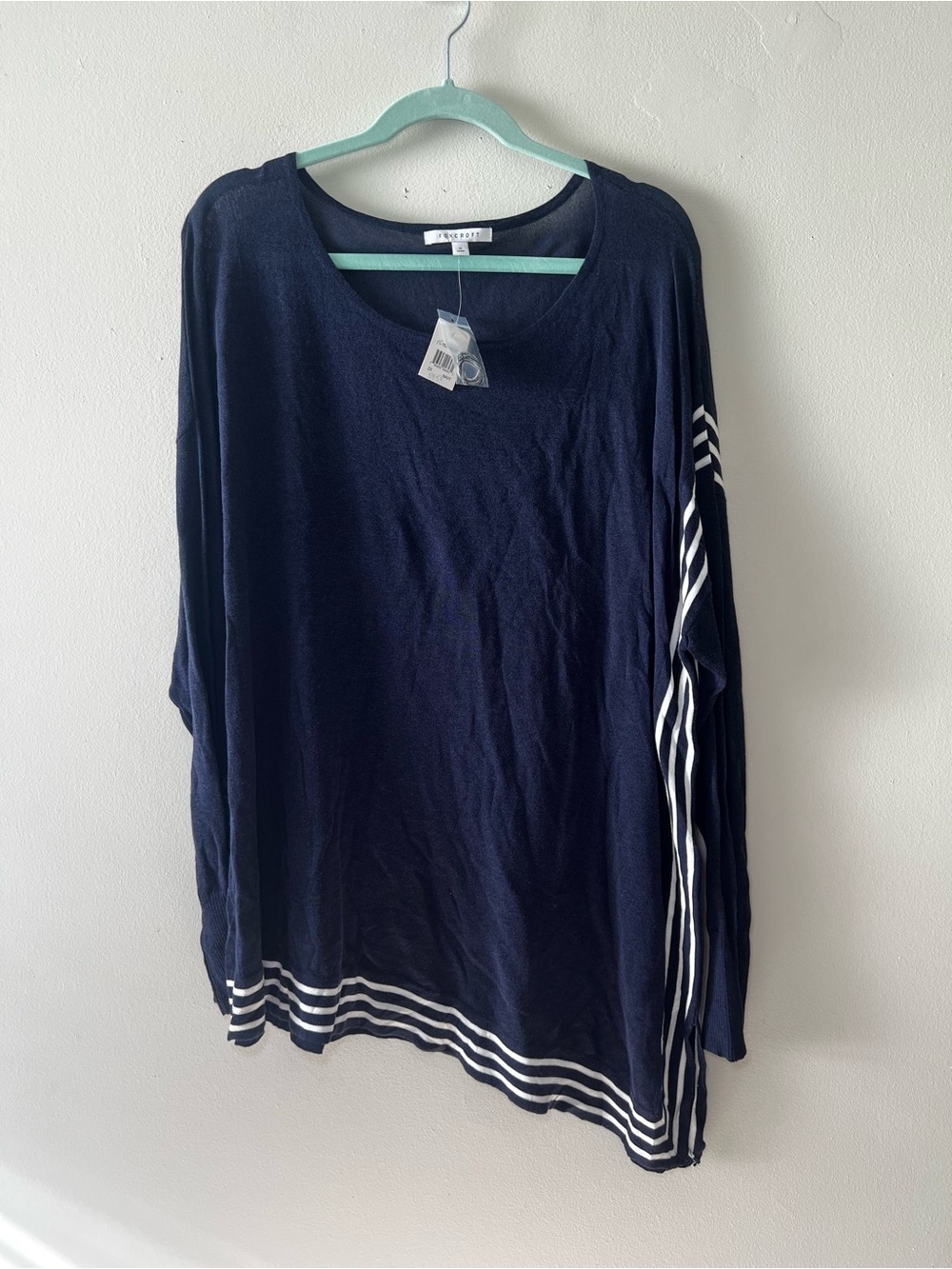 Foxcroft Navy Knit Scoop Neck Long Sleeve Top Diagonal Hem